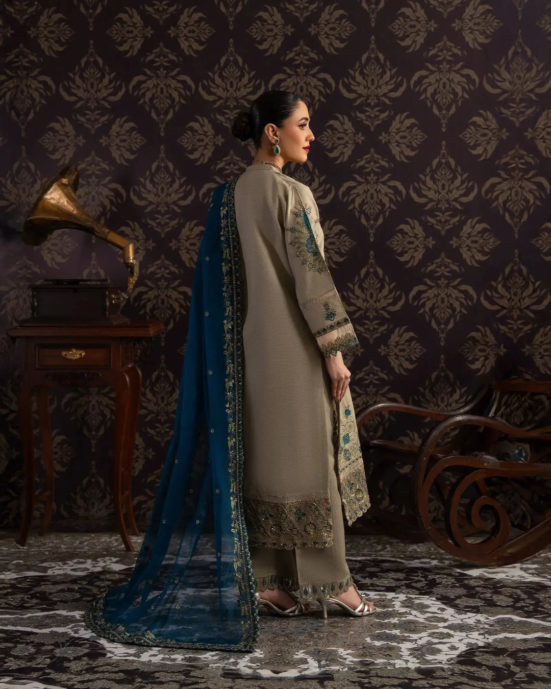 3 Piece Chambray Katan Suit Stitched | 1307-NA-S.KTN - Sha Posh Textile
