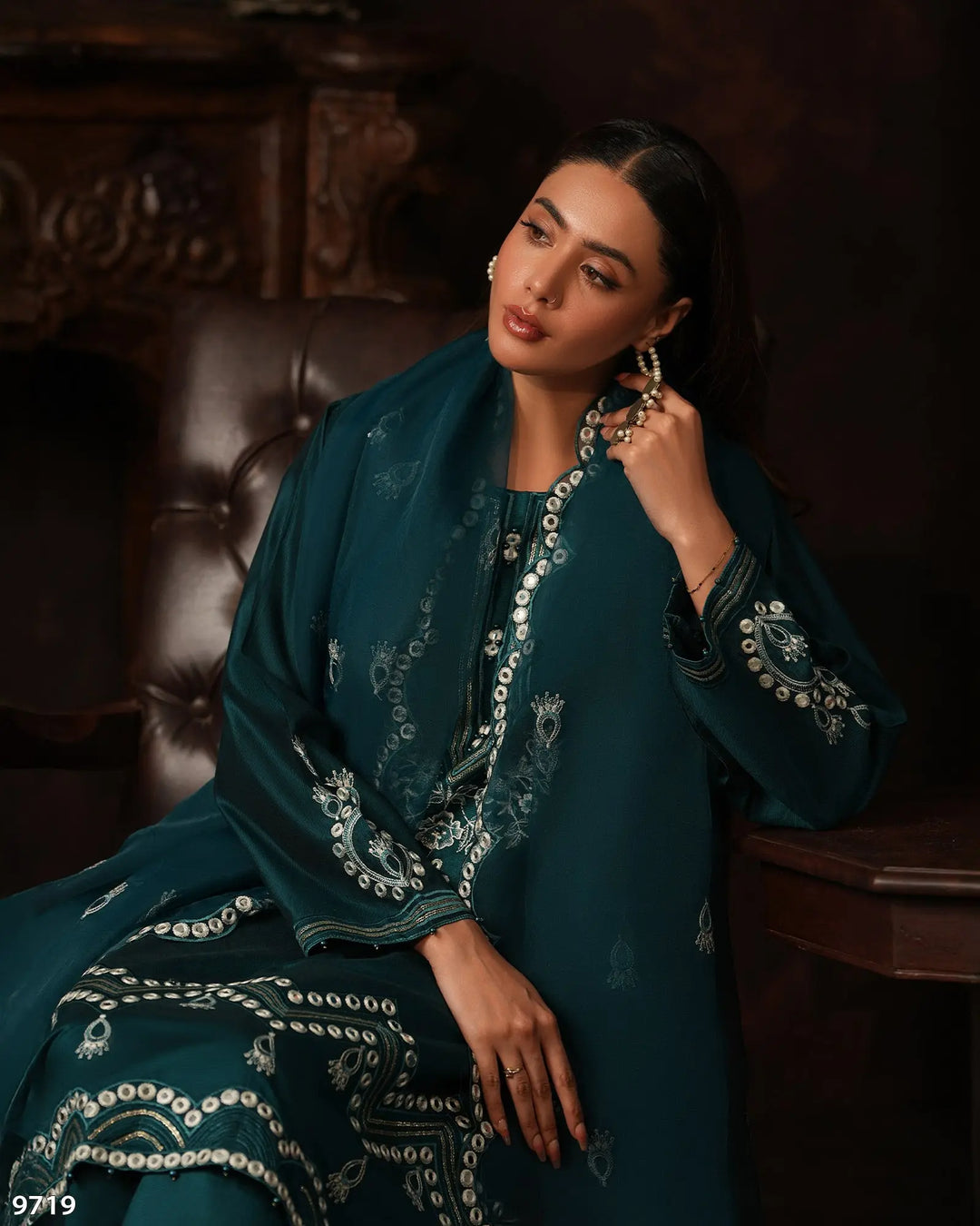3 Piece Chambray Katan Suit | 9719-IG-S.KTN - Sha Posh Textile