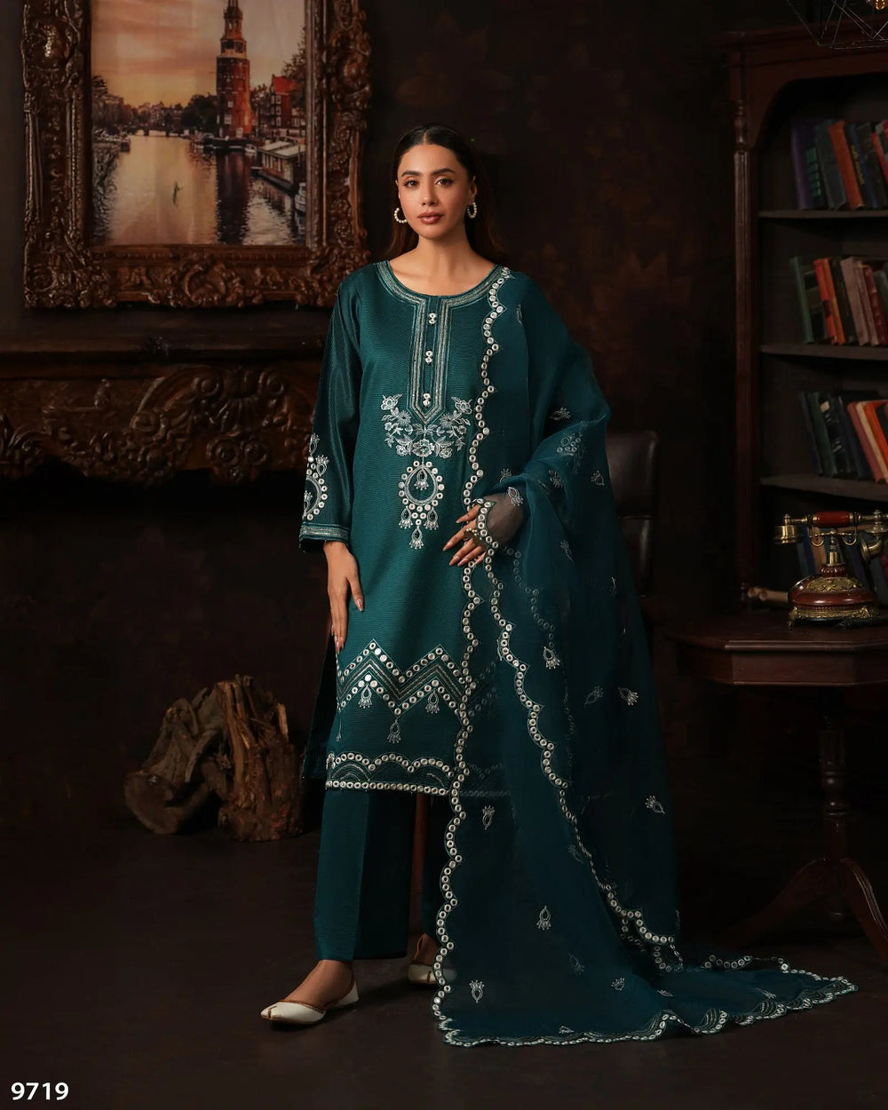3 Piece Chambray Katan Suit | 9719-IG-S.KTN - Sha Posh Textile