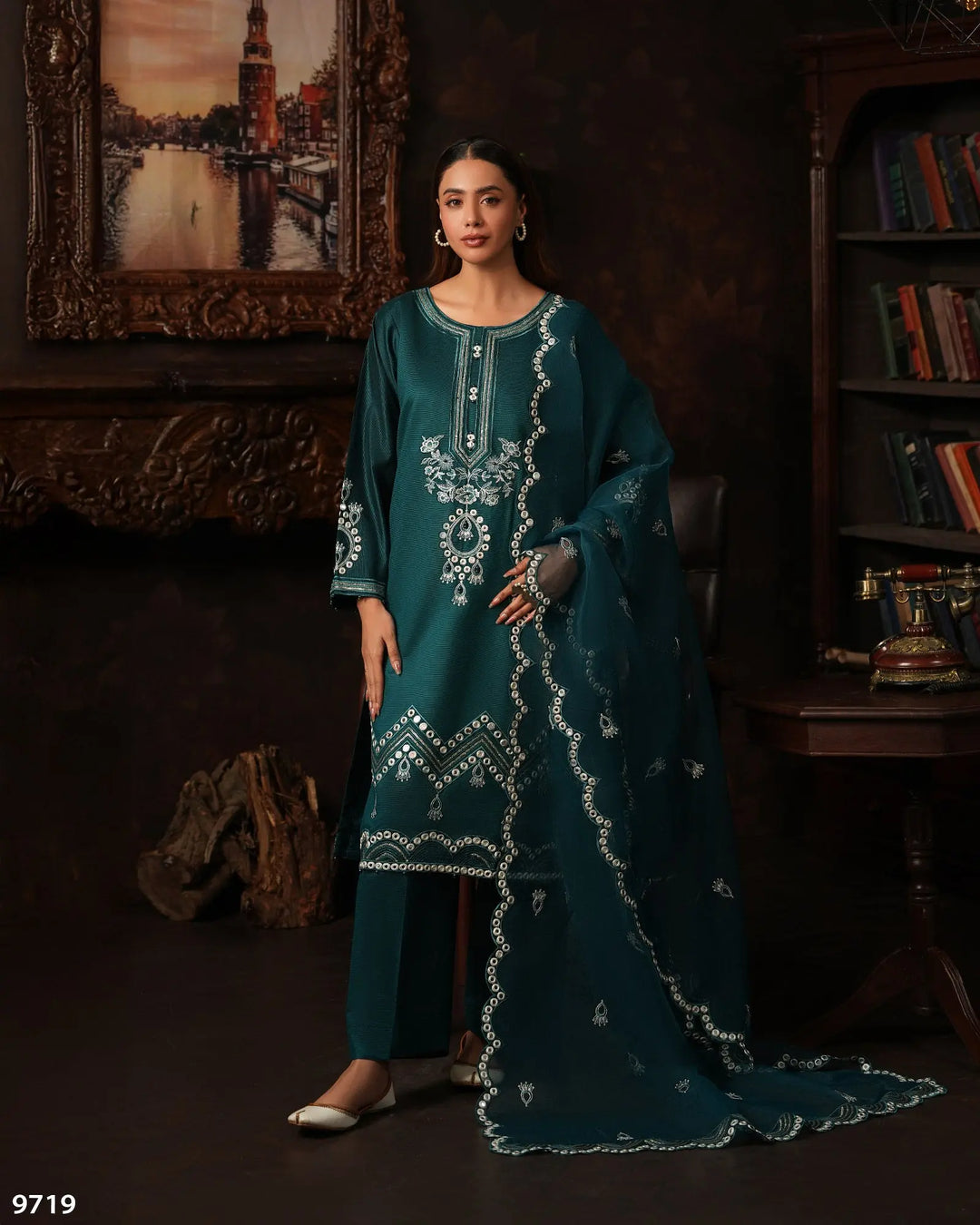 3 Piece Chambray Katan Suit | 9719-IG-S.KTN - Sha Posh Textile