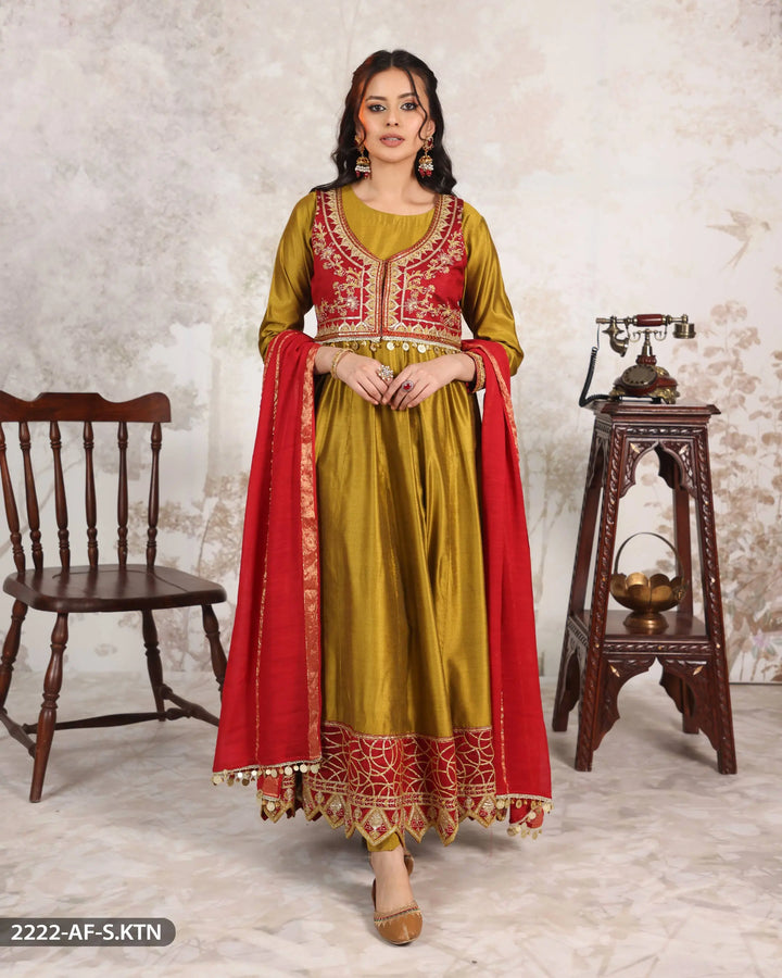 3 Piece Embroidered Frock | 2222-AF-S.KTN - Sha Posh Textile