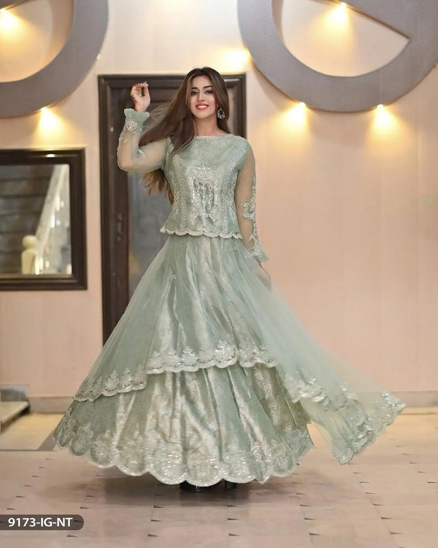 3 Piece Embroidered  Net  Jamawar Lehenga | 9173-IG-NT ShaPosh Textile