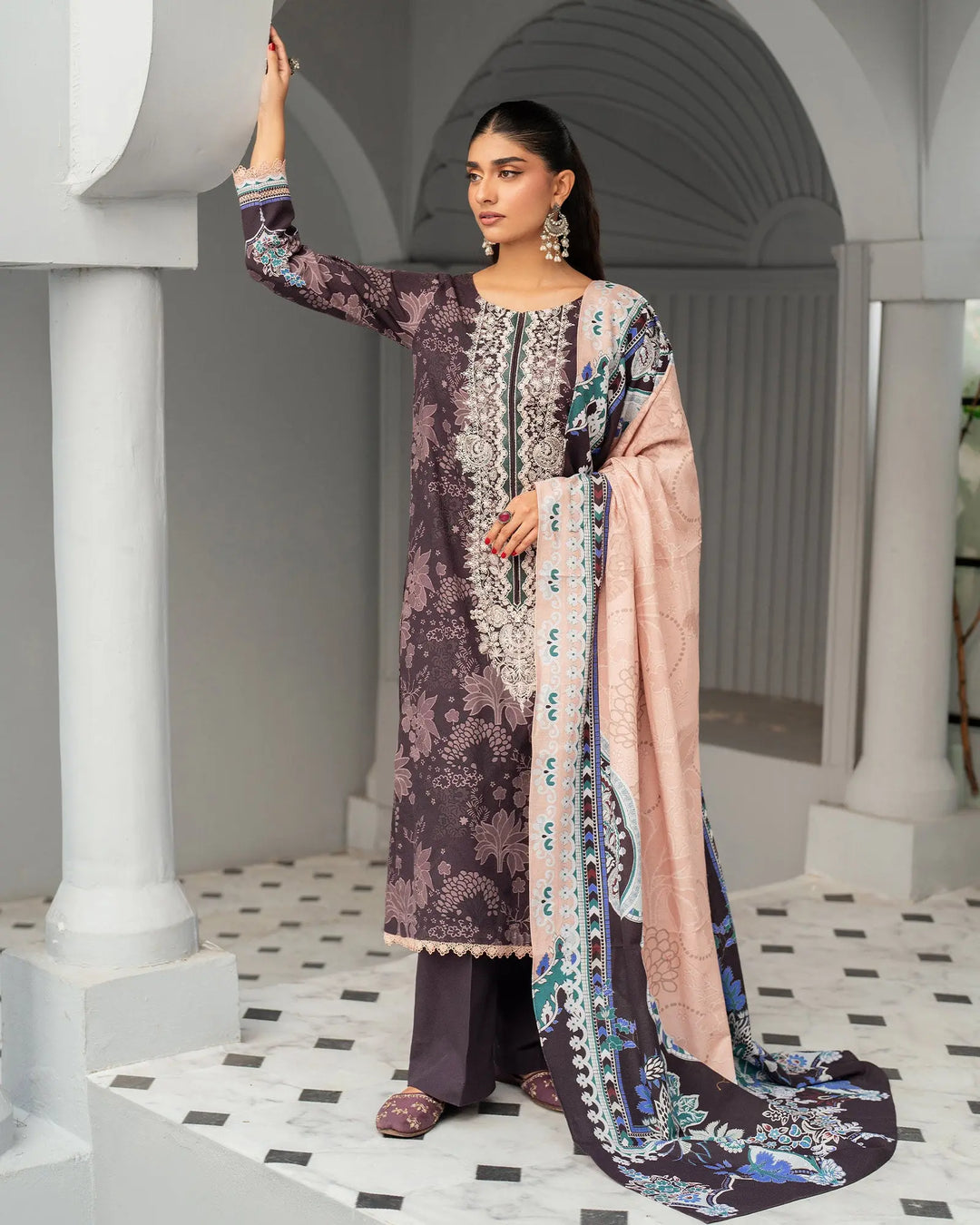 3 Piece - Embroidered Printed Khaddar Suit Unstitched | UNFF032-KD - Sha Posh Textile