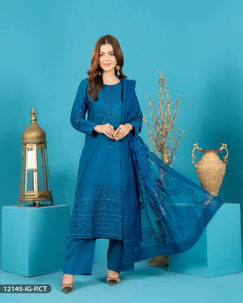 3 Piece Embroidered Suit | 12145-IG-CT.ST - Sha Posh Textile