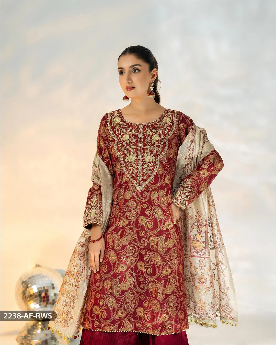 3 Piece Embroidered Suit | 2238-AF-RWS - Sha Posh Textile