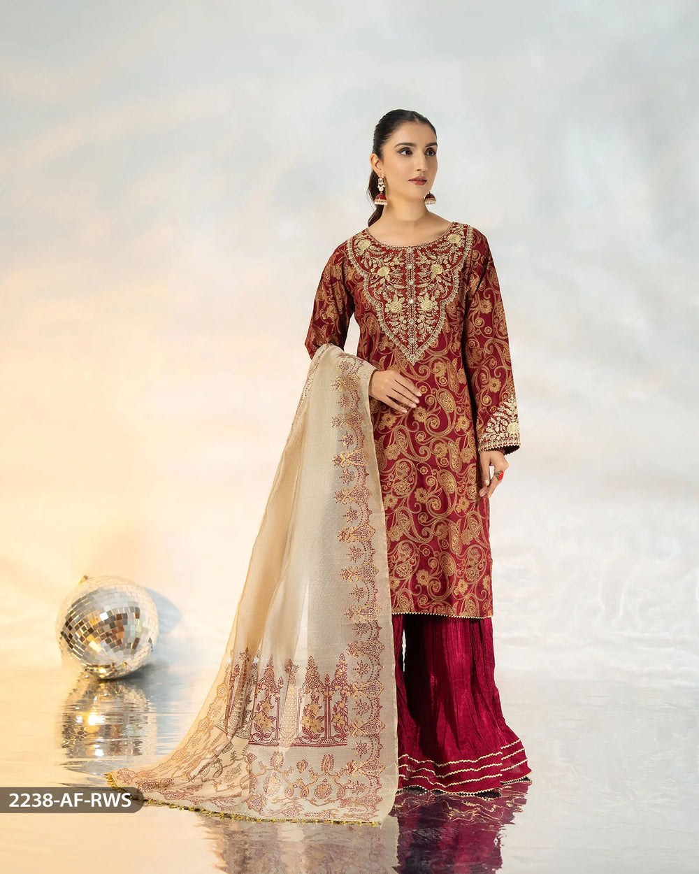 3 Piece Embroidered Suit | 2238-AF-RWS - Sha Posh Textile