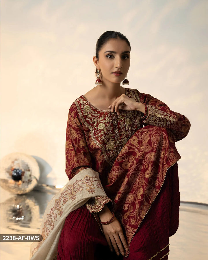3 Piece Embroidered Suit | 2238-AF-RWS - Sha Posh Textile