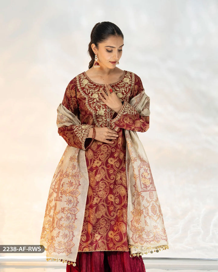 3 Piece Embroidered Suit | 2238-AF-RWS - Sha Posh Textile