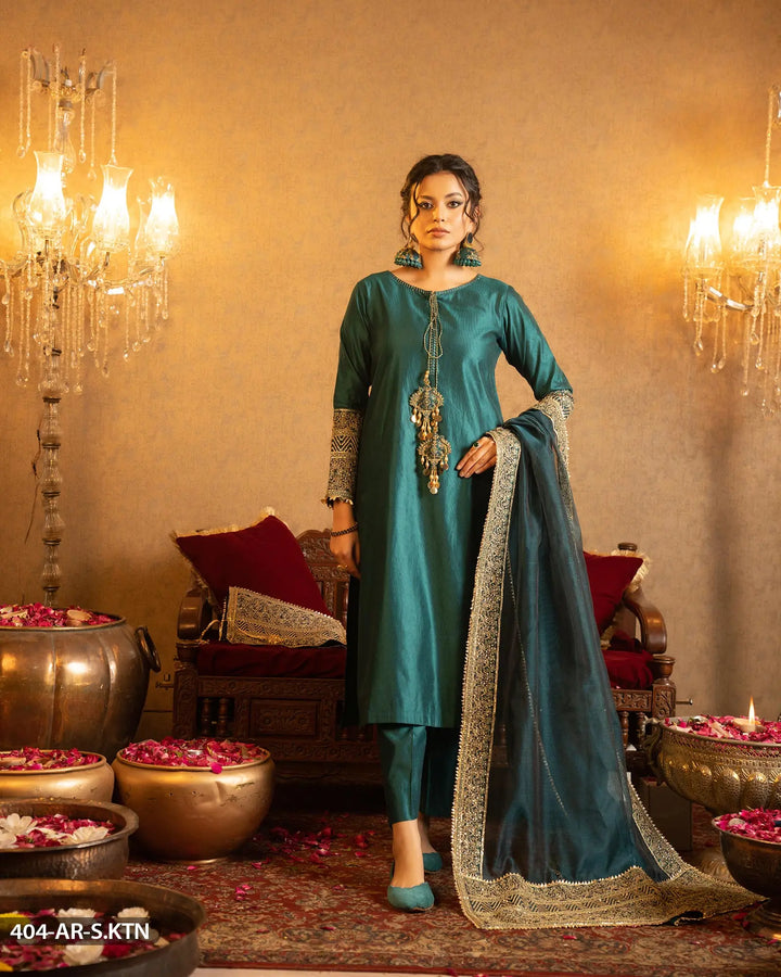 3 Piece Embroidered Suit | 404-AR-S.KTN Sha Posh Textile