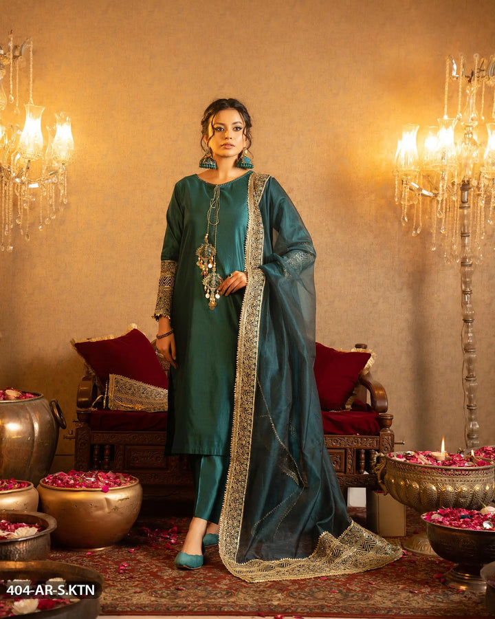 3 Piece Embroidered Suit | 404-AR-S.KTN Sha Posh Textile