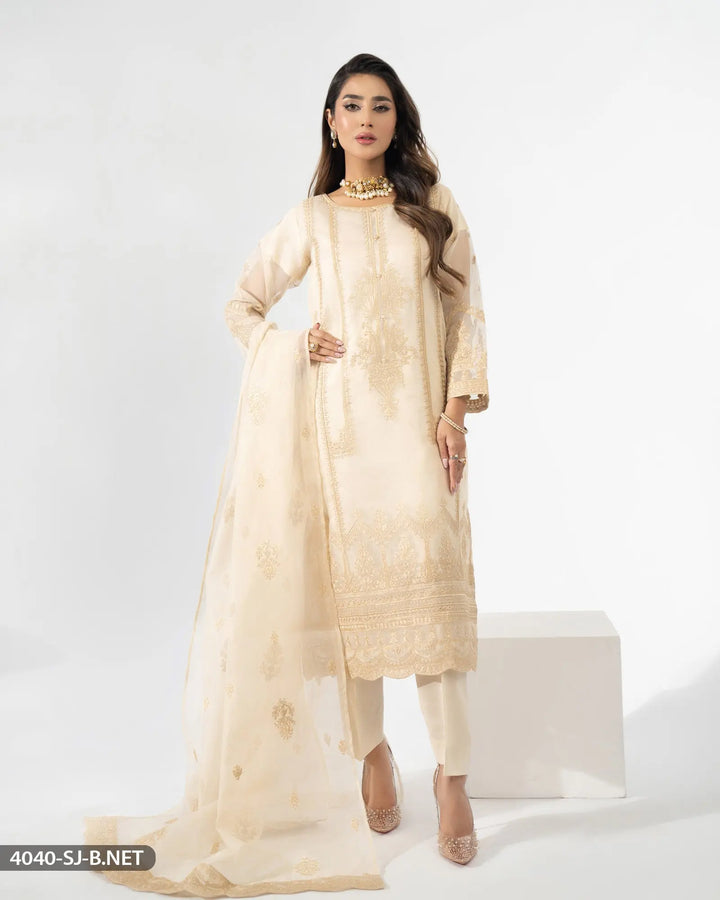 3 Piece Embroidered Suit | 4040-SJ-B.NET Sha Posh Textile