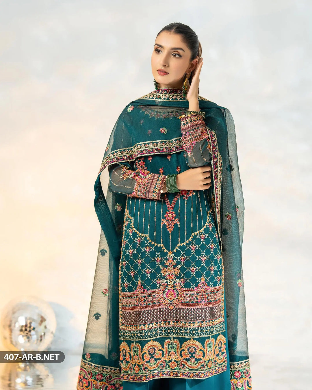 3 Piece Embroidered Suit | 407-AR-B.NET - Sha Posh Textile