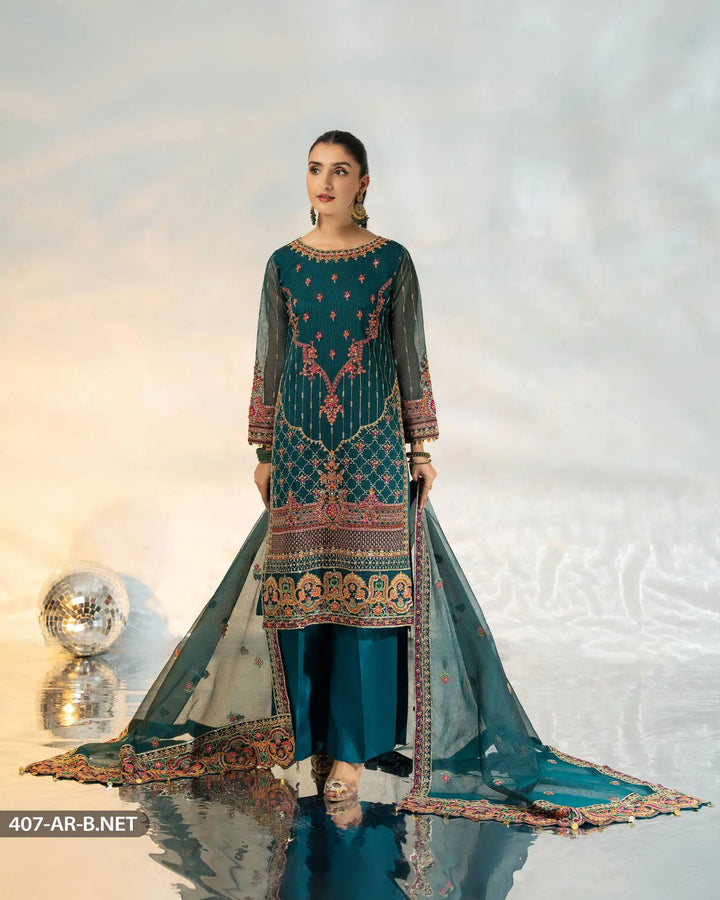 3 Piece Embroidered Suit | 407-AR-B.NET - Sha Posh Textile
