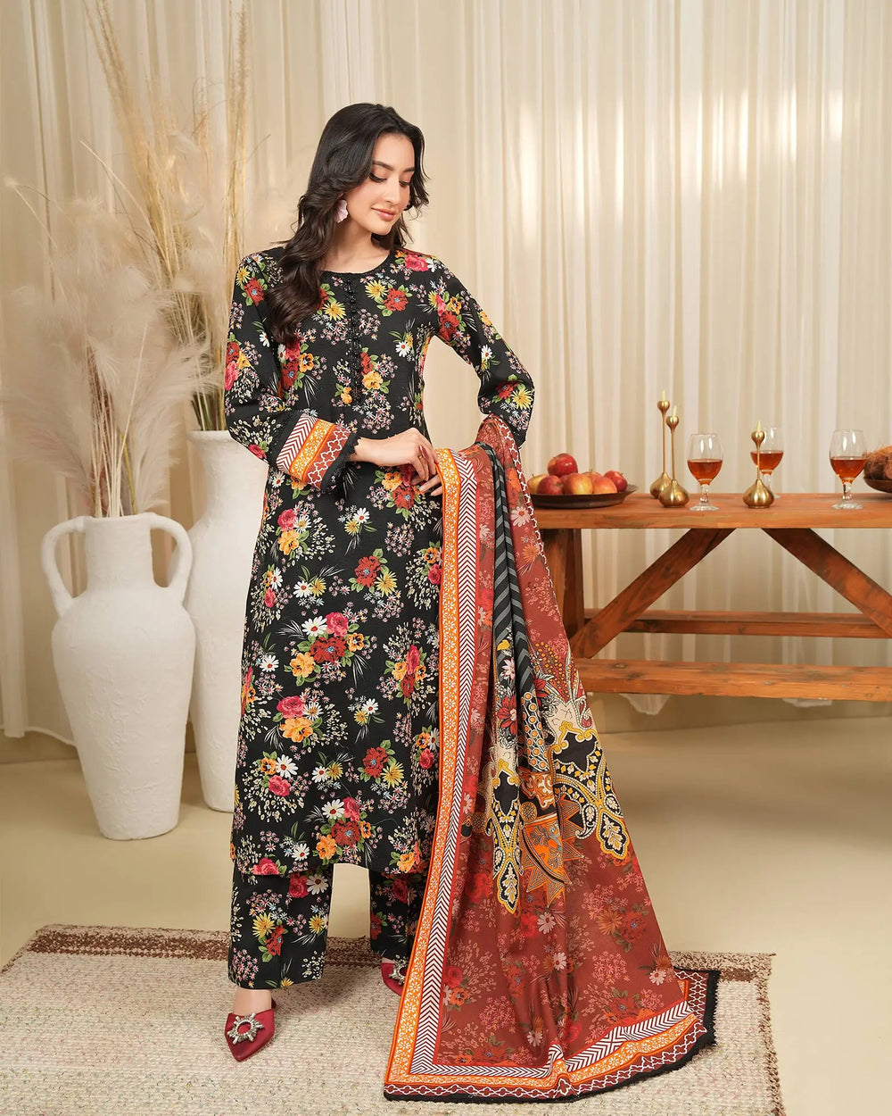 3 Piece - Khaddar Printed Suit Unstitched | UNFF034 - Sha Posh Textile
