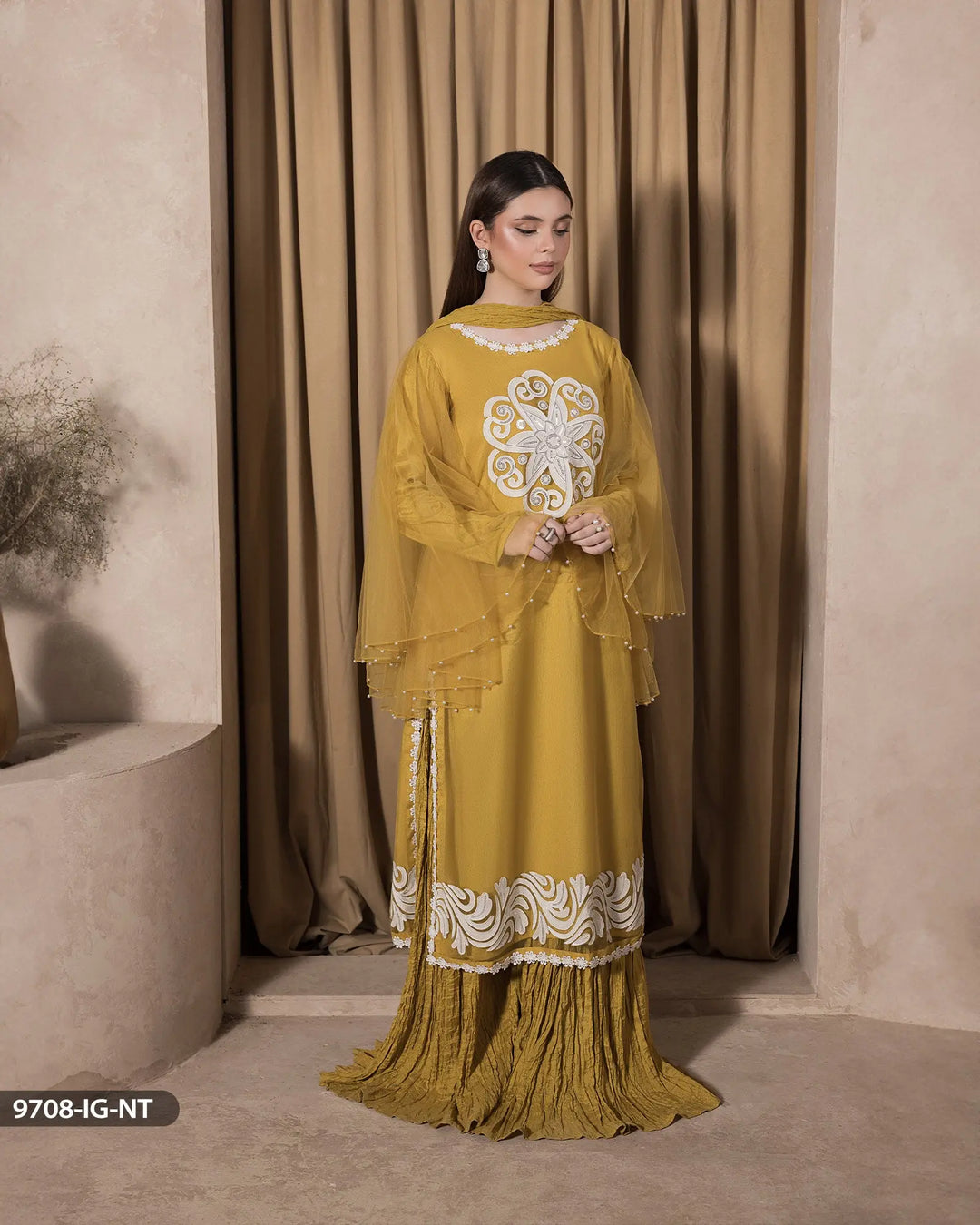 3 Piece Net Suit Stitched | 9708-IG-NT - Sha Posh Textile