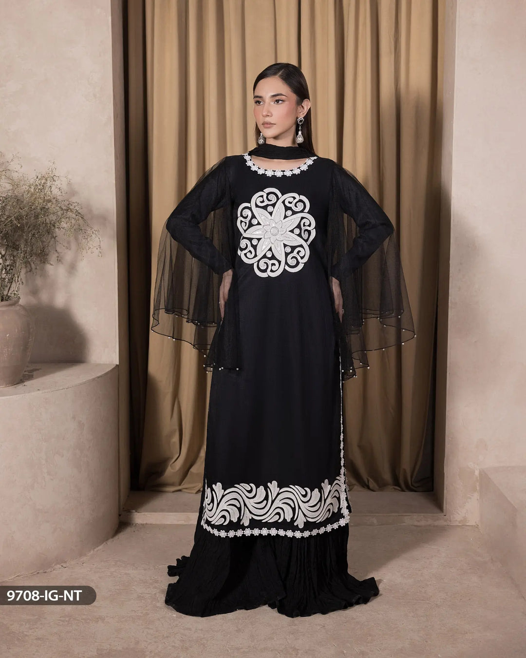 3 Piece Net Suit Stitched | 9708-IG-NT - Sha Posh Textile