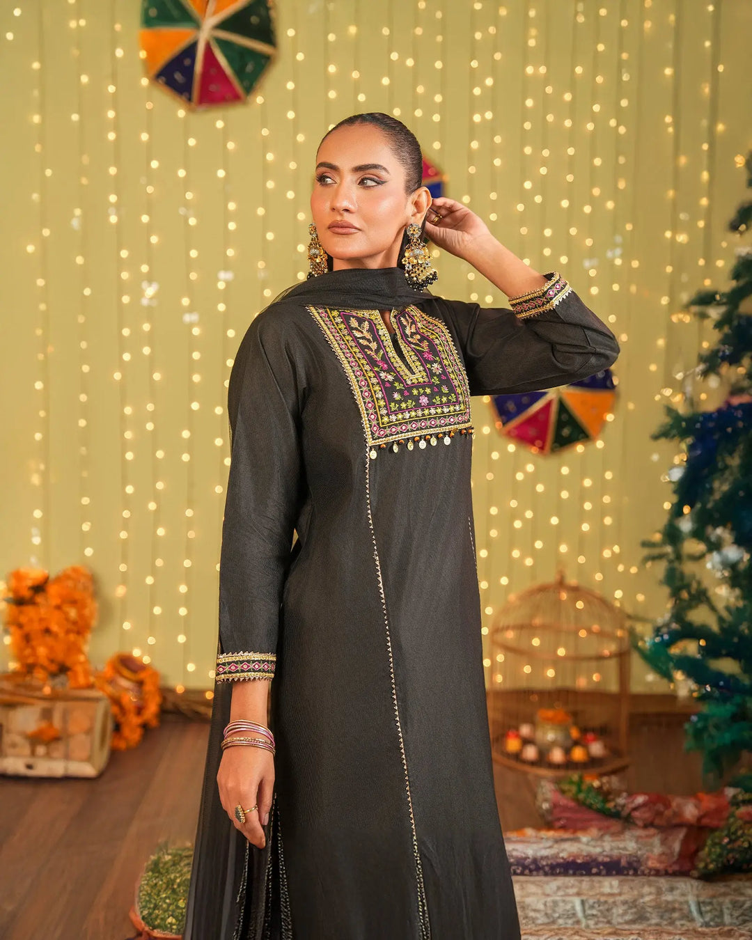 3-Piece Ready-to-Wear Chambray Katan Suit | 1305-NA-S.KTN - Sha Posh Textile