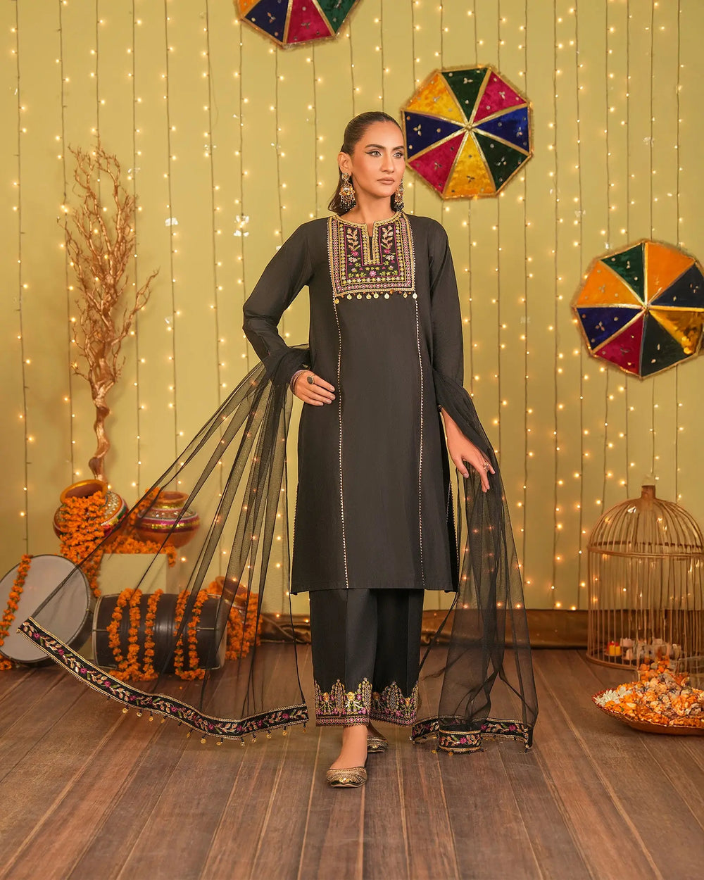 3-Piece Ready-to-Wear Chambray Katan Suit | 1305-NA-S.KTN - Sha Posh Textile
