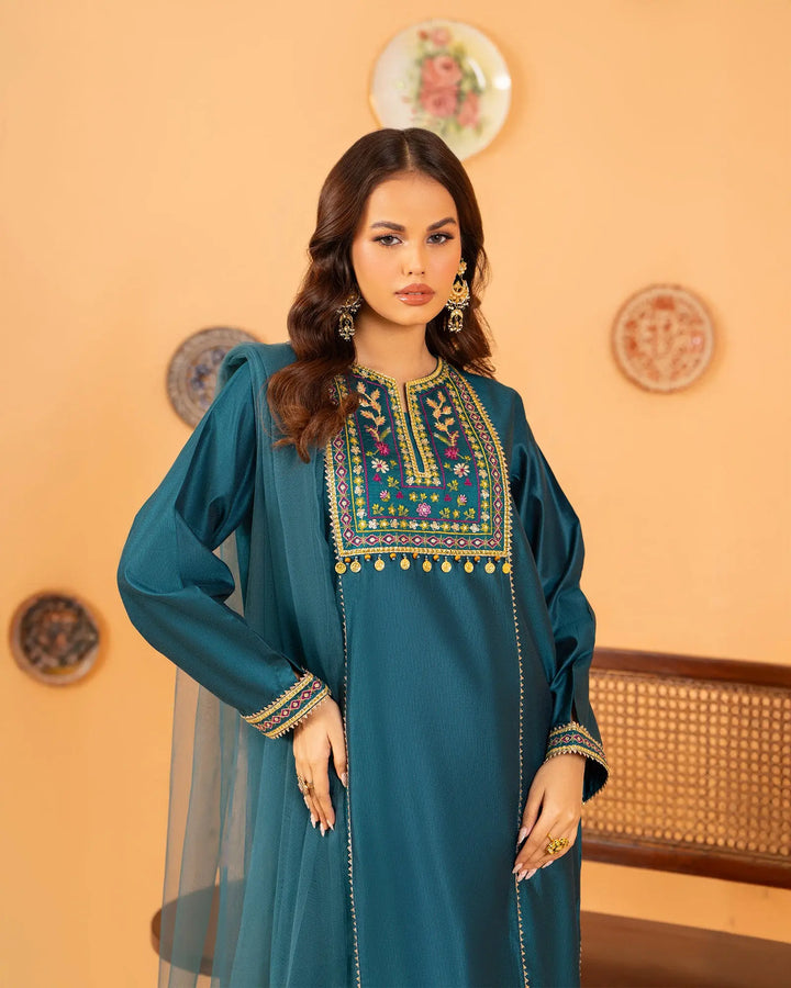 3-Piece Ready-to-Wear Chambray Katan Suit | 1305-NA-S.KTN - Sha Posh Textile