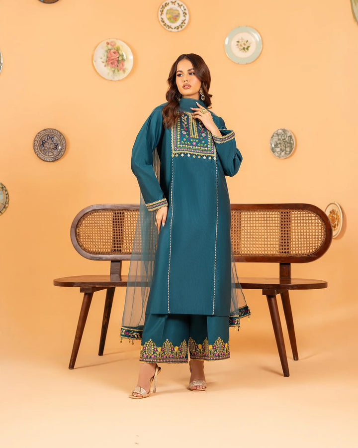 3-Piece Ready-to-Wear Chambray Katan Suit | 1305-NA-S.KTN - Sha Posh Textile