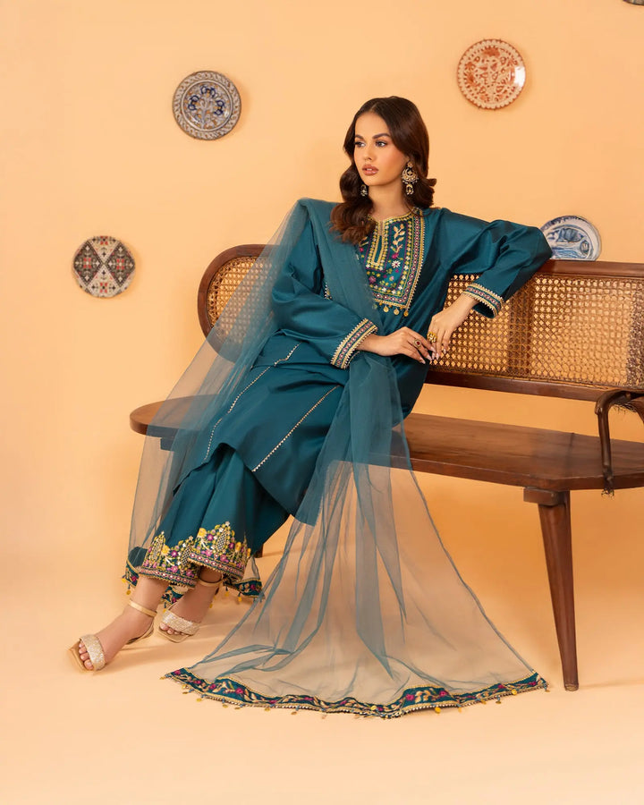 3-Piece Ready-to-Wear Chambray Katan Suit | 1305-NA-S.KTN - Sha Posh Textile