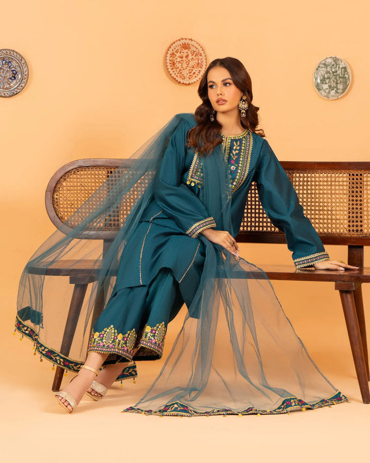 3-Piece Ready-to-Wear Chambray Katan Suit | 1305-NA-S.KTN - Sha Posh Textile