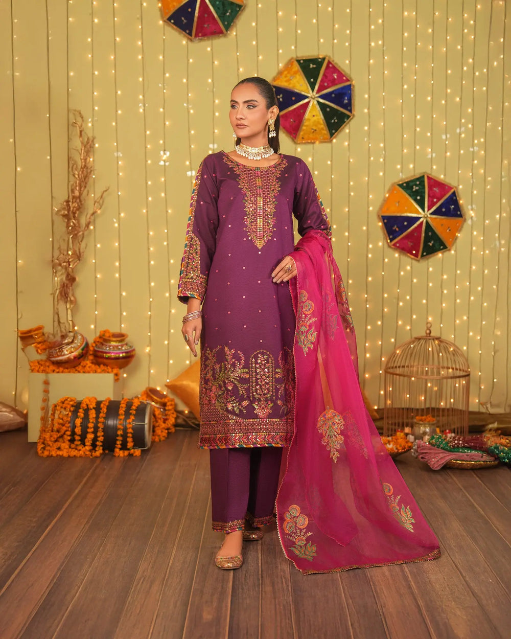 3 Piece Chambray Katan Suit Stitched | 2267-AF-S.KTN - Sha Posh Textile