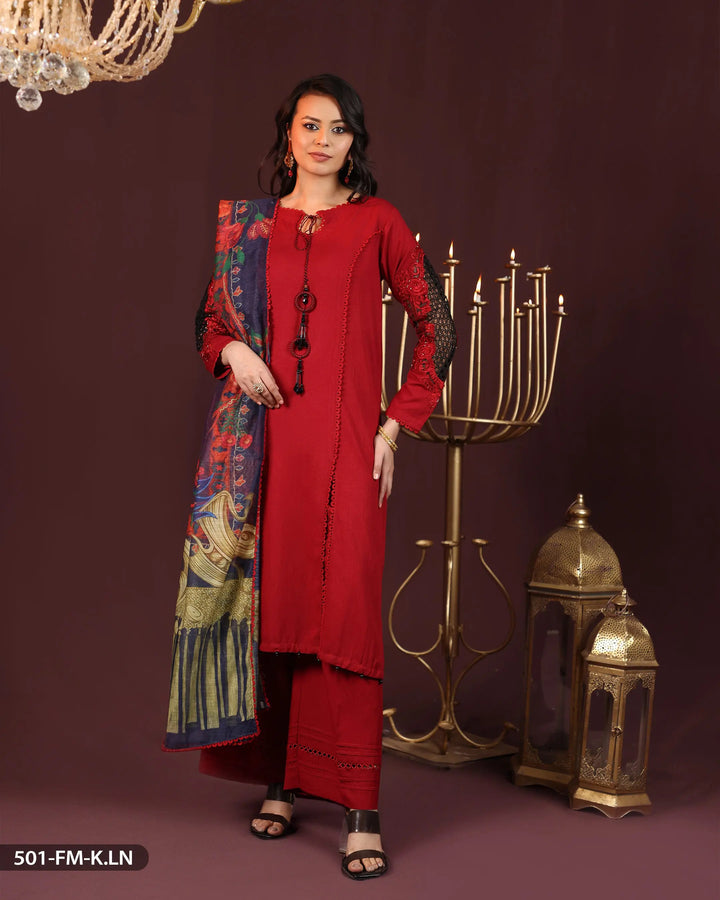 3 Piece Karandi Linen Embroidered Suit | 501-FM-K.LN - Sha Posh Textile