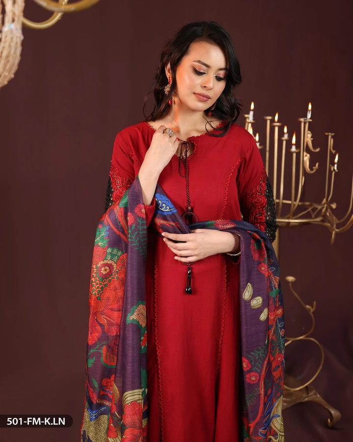 3 Piece Karandi Linen Embroidered Suit | 501-FM-K.LN - Sha Posh Textile