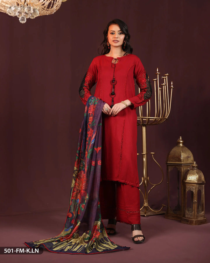 3 Piece Karandi Linen Embroidered Suit | 501-FM-K.LN - Sha Posh Textile