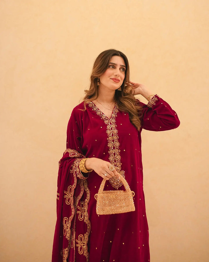 3 Piece Velvet Suit Stitched | 1133-ST-VLT - Sha Posh Textile