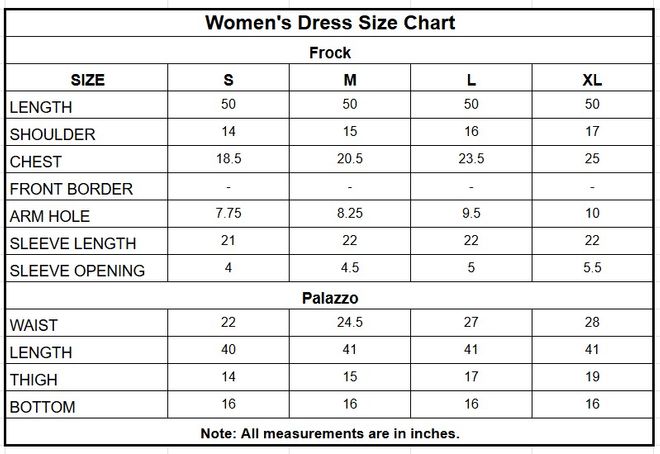 Women’s Embroidered Chiffon Frock with Palazzo size chart