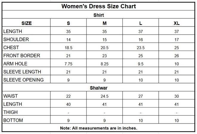 Women’s Printed Embroidered Lawn 3 Piece Shalwar Kameez size chart