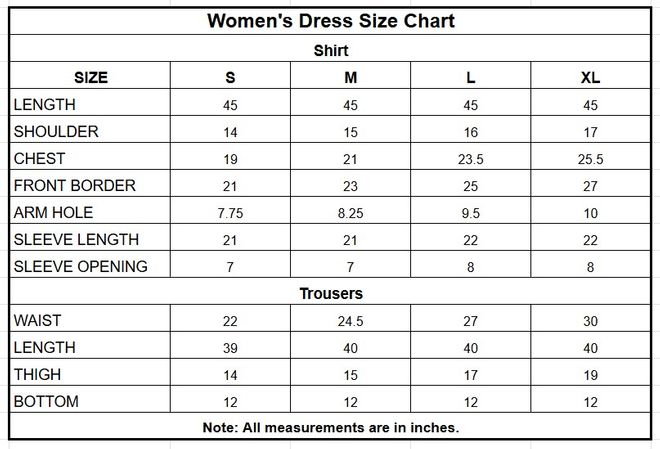 Embroidered Cambric Cotton 3 Piece Ready to Wear Suit for Women size chart