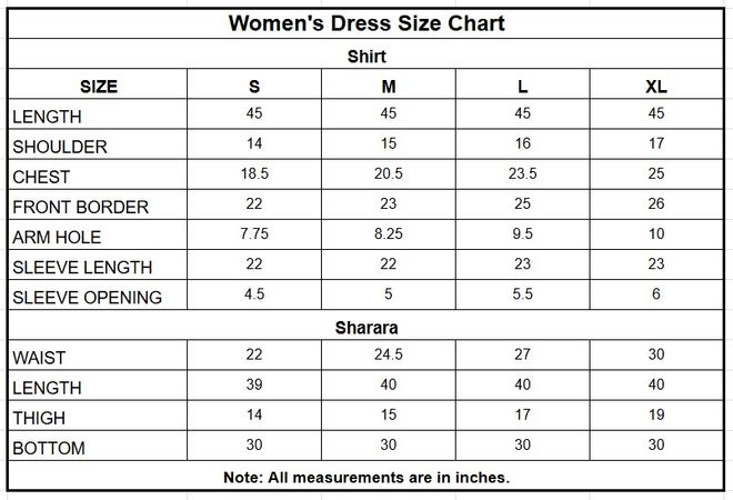 Tilla Embroidered Semi-Pure Organza 3-Piece Sharara Suit size chart