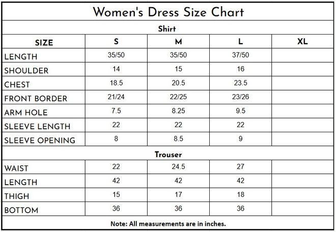 Organza 3 Piece | 523 size chart