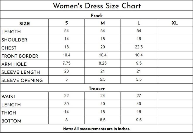 3 Piece Embroidered Formal Frock for Women size chart