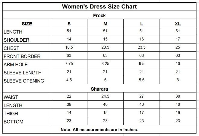 Women’s Staple Bindi Jall Embroidered Frock with Sharara size chart