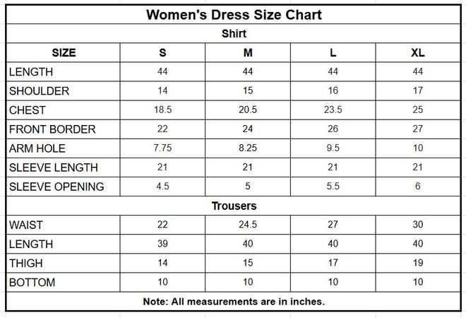 Women’s Tilla Embroidered Chambray Katan 3 Piece Suit size chart