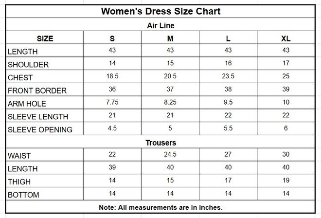 Women’s Embroidered Chiffon A-Line 3 Piece Suit size chart