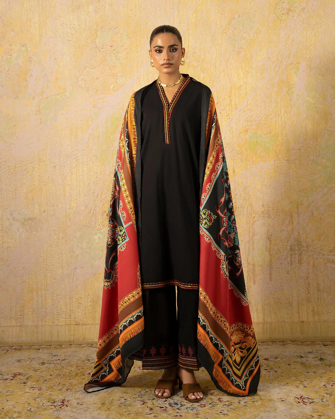 Black Embroidered Khaddar 3 Piece Suit with Embroidered Trouser
