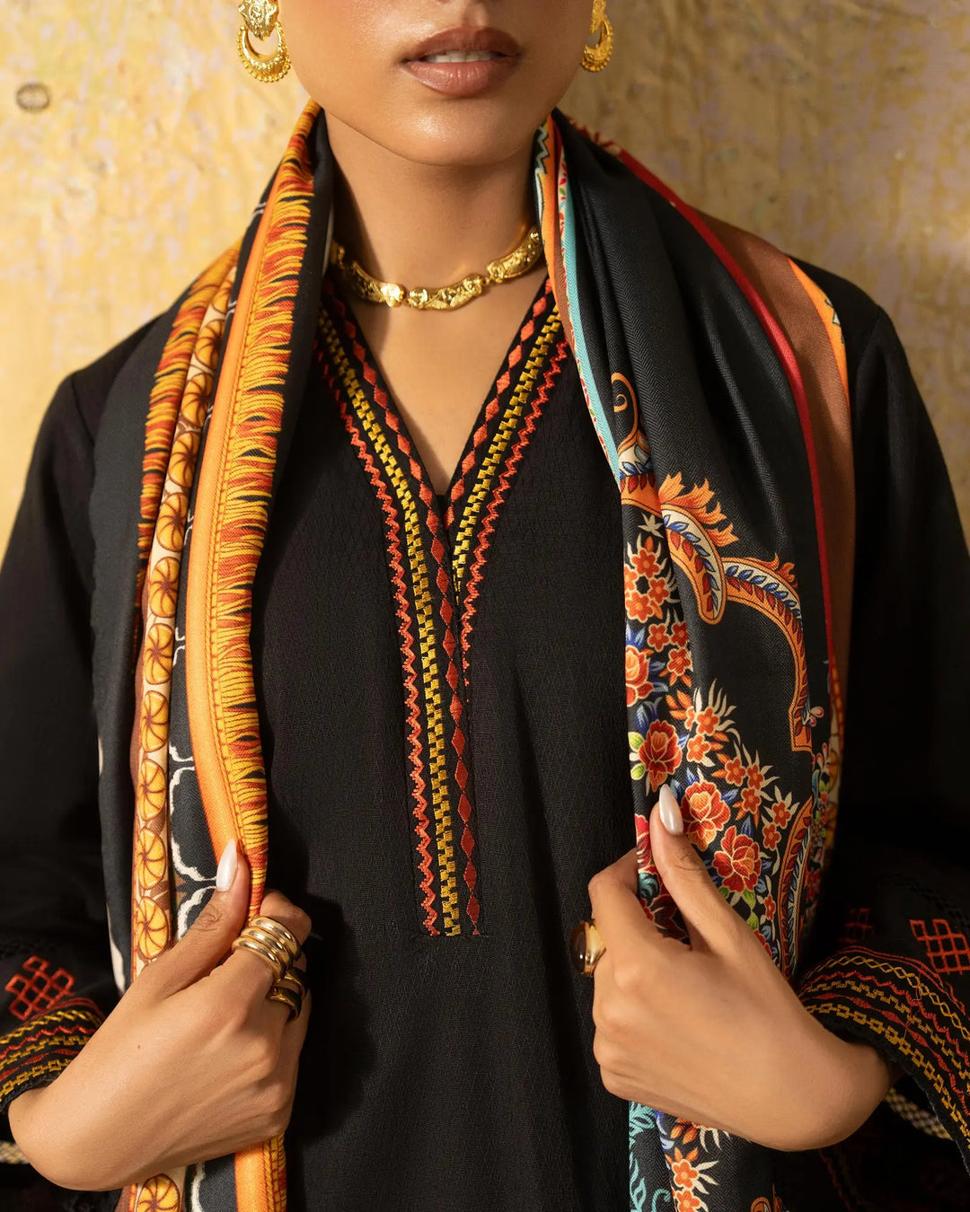 Black Embroidered Khaddar 3 Piece Suit with Embroidered Trouser