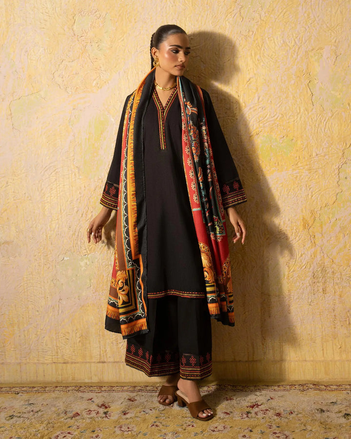 Black Embroidered Khaddar 3 Piece Suit with Embroidered Trouser