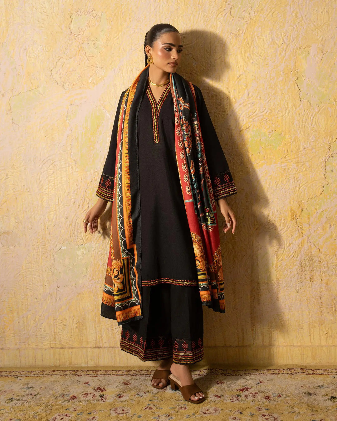 Black Embroidered Khaddar 3 Piece Suit with Embroidered Trouser