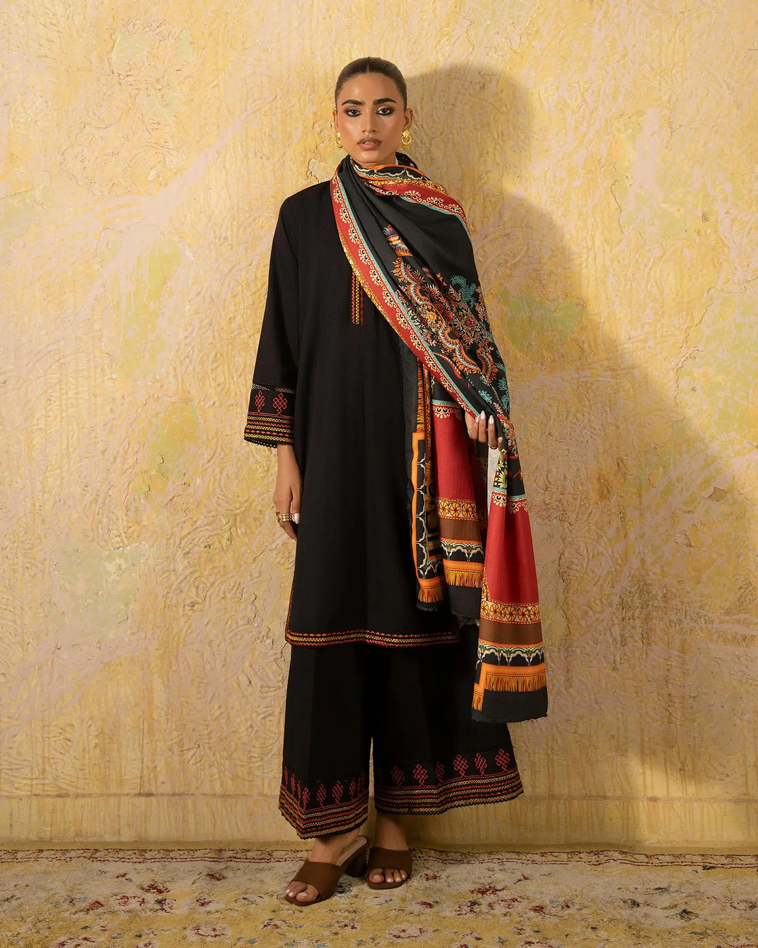 Black Embroidered Khaddar 3 Piece Suit with Embroidered Trouser