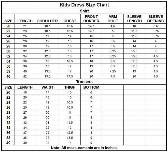 Kids Korean Raw Silk 3PC | 1204 size chart