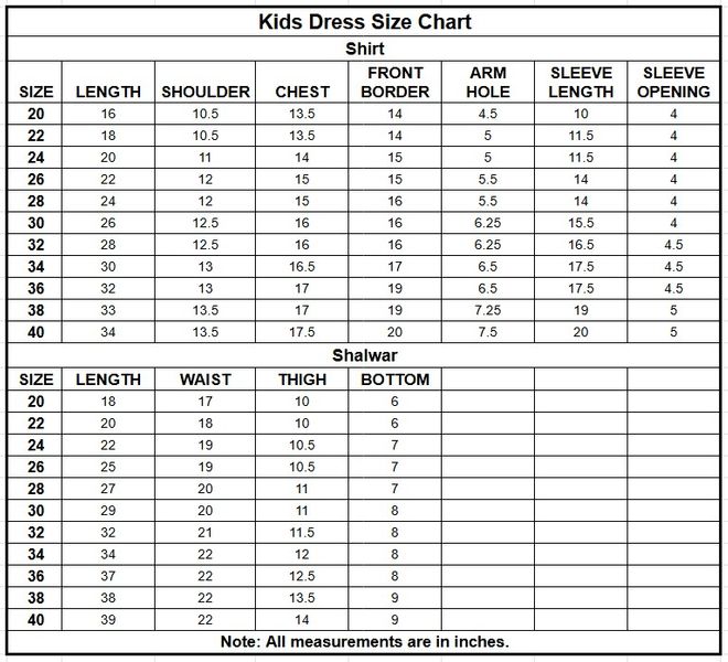 Kids Cambric Cotton 3PC | 1215 size chart