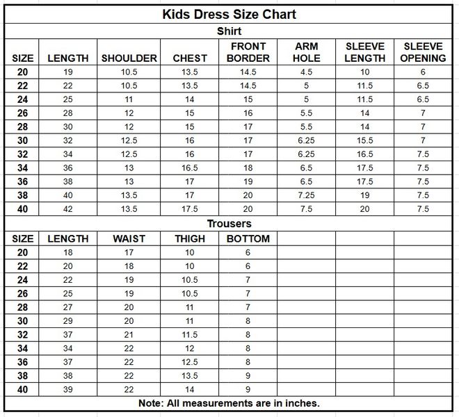Kids Rod Cotton 3PC | 1219 size chart