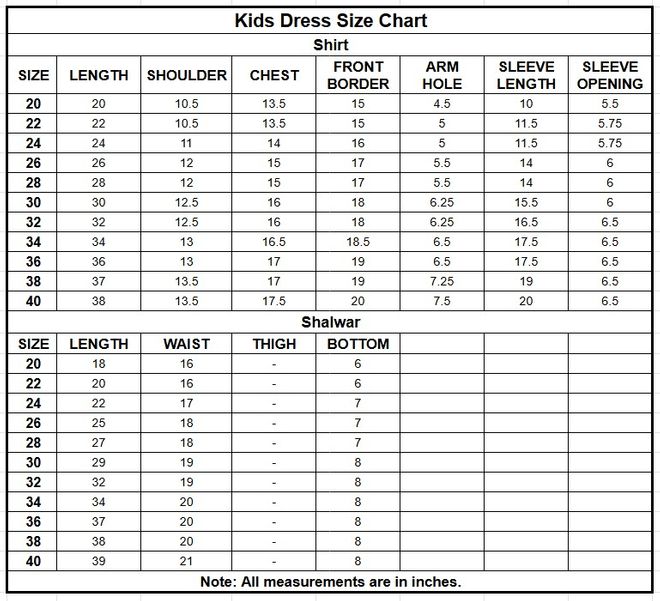 Kids Cotton 3PC | 1325 size chart