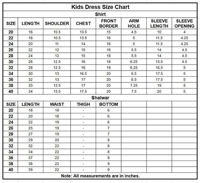 Kids Jacquard Viscose 3PC | 1330 size chart